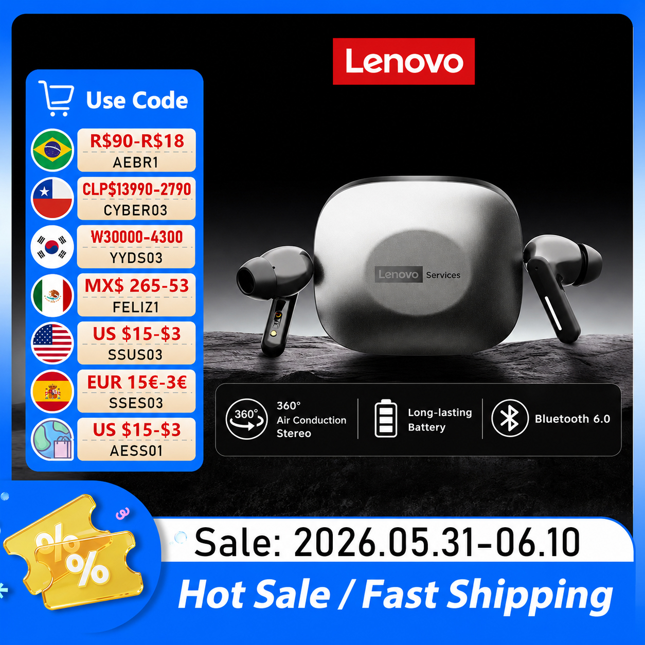 Pc Gaming Earphones - New Lenovo LE209 Wireless Bluetooth Earphone